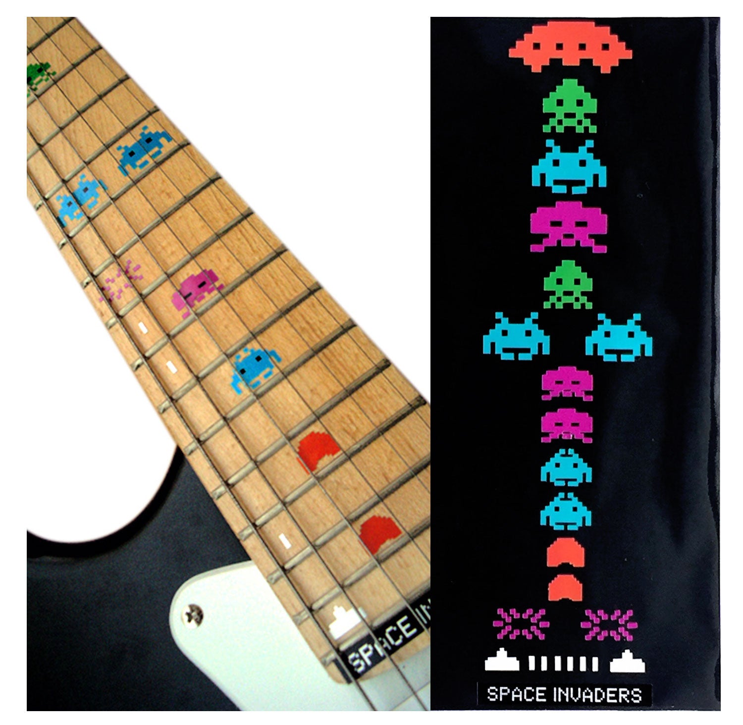 Guitar neck with pixelated space Invader designs