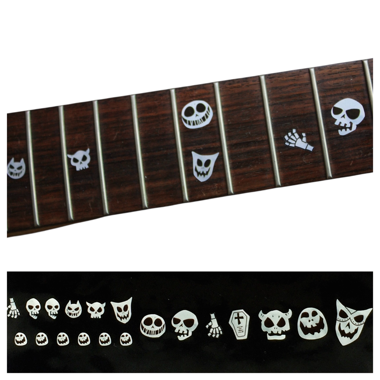 Nightmare before Christmas style Skull fret markers for both electric and acoustic guitars