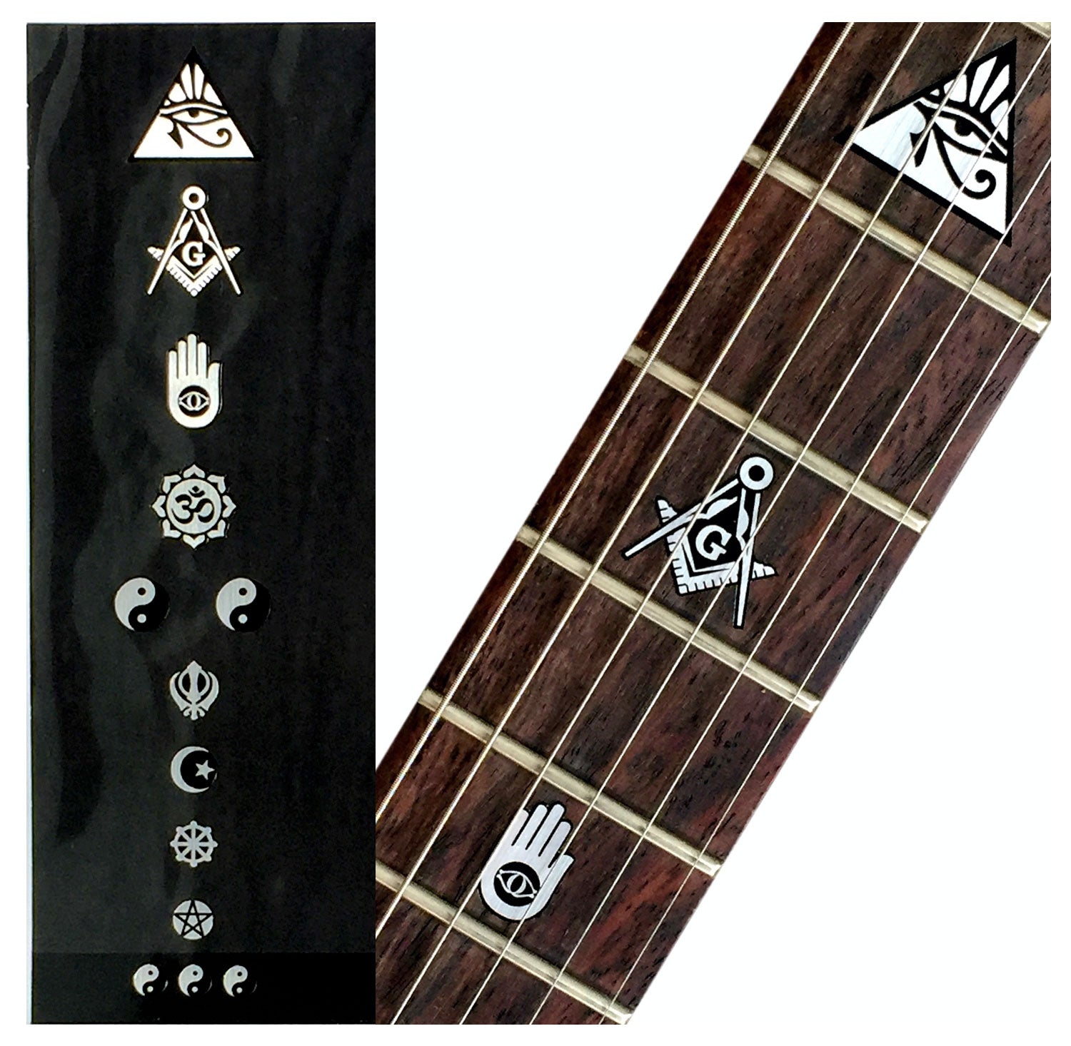Religion Symbols, Pyramid Eye, Om, Wheel of Dharma, Star of David, and Masonic Freemasonry Emblem Icon fret markers for guitars & bass