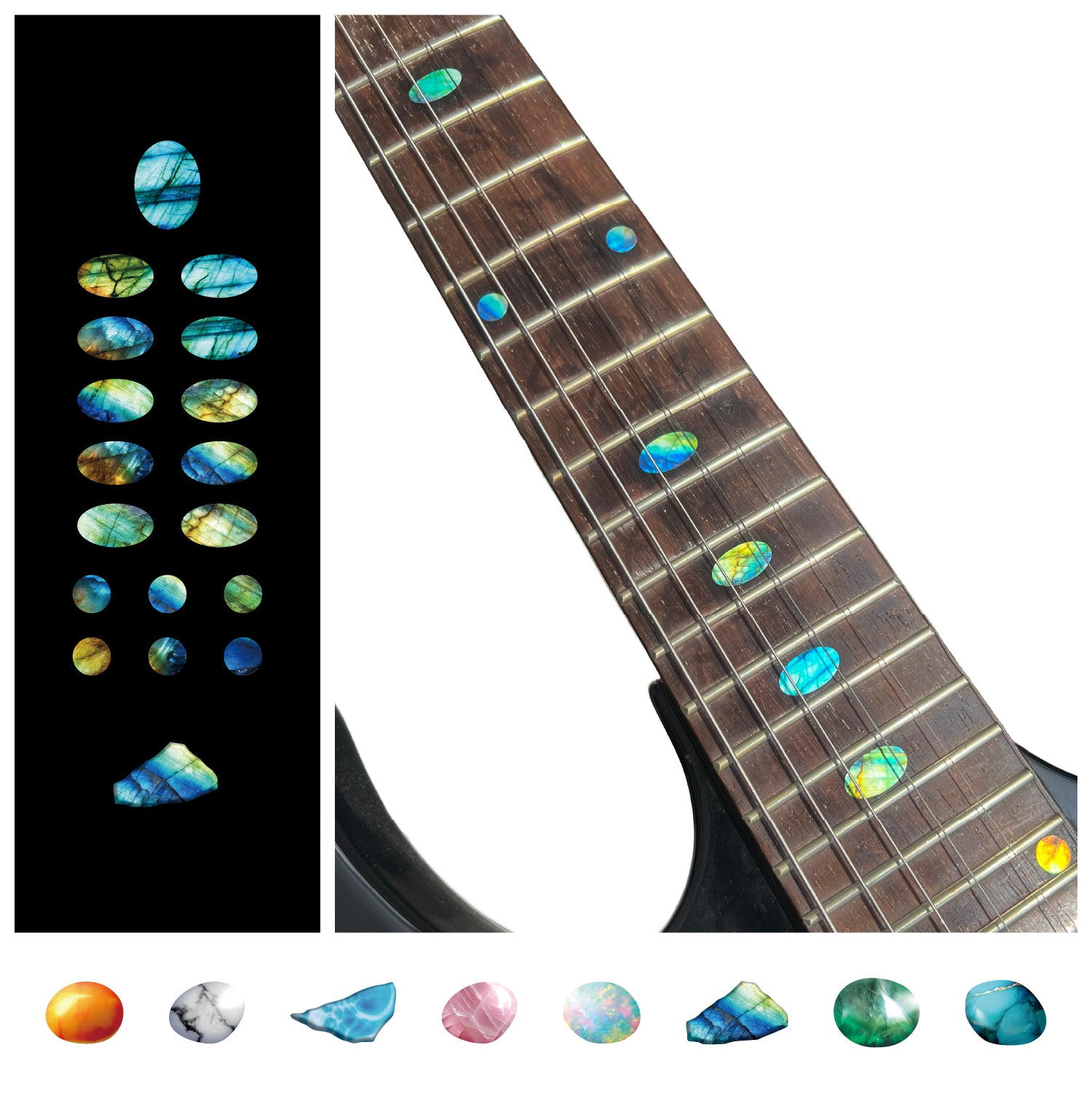 Guitar fretboard with colorful Gemtone dot inlays