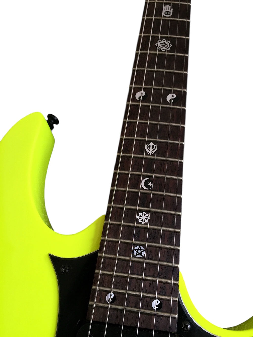 Religion Symbols, Pyramid Eye, Om, Wheel of Dharma, Star of David, and Masonic Freemasonry Emblem Icon fret markers for guitars & bass