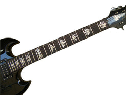 Black electric guitar with decorative inlays on a white background