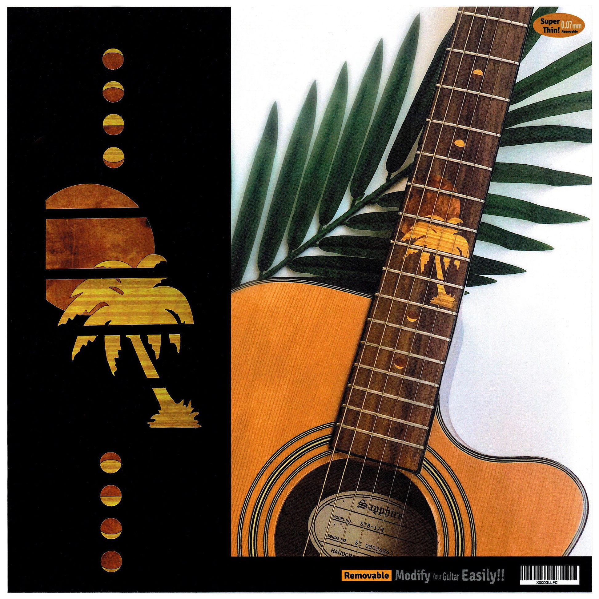 Sunset silhouette with palm trees wood grain design fret markers for guitars- Inlay Stickers Jockomo